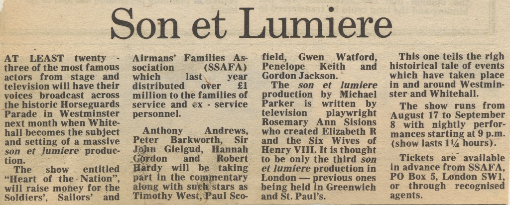 19830715 HEART OF THE NATION SON ET LUMIERE HORSEGUARDS PARADE JOHN GIELGUD HANNAH GORDON ROBERT HARDIE PAUL SCHOFIELD ETC WPN CN.jpg